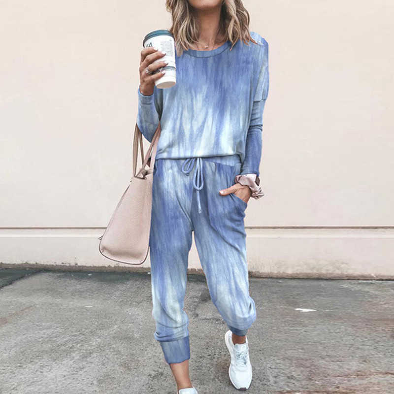 Women Long Sleeve 2 PCS Tracksuit Set Casual Print O Neck Loose Tops Drawstring Elastic Waist Pant Ladies Home Pajama Suits 210526