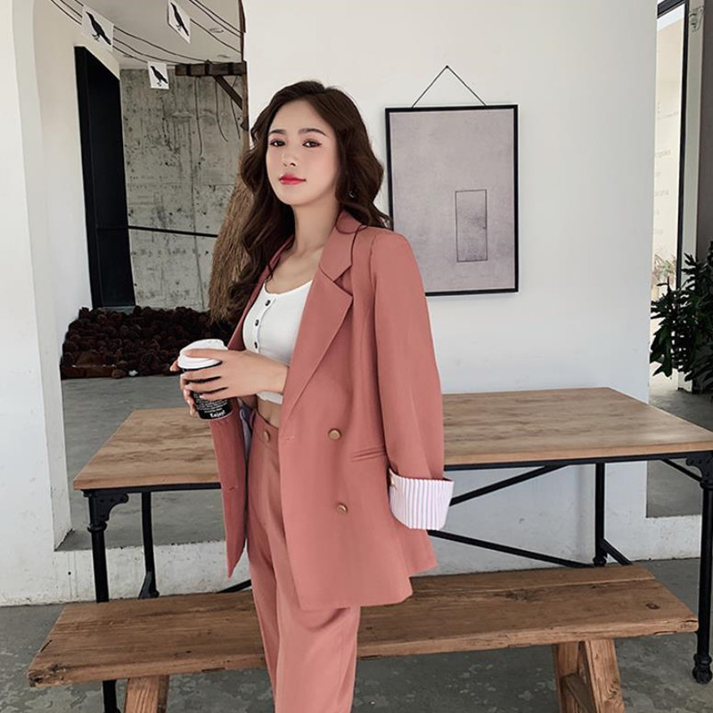 OL Women Suit Office Blazer & Pants Lady Double Breasted Jacket Pant Suits Uniform Formal Femme 2 Pieces set 210421