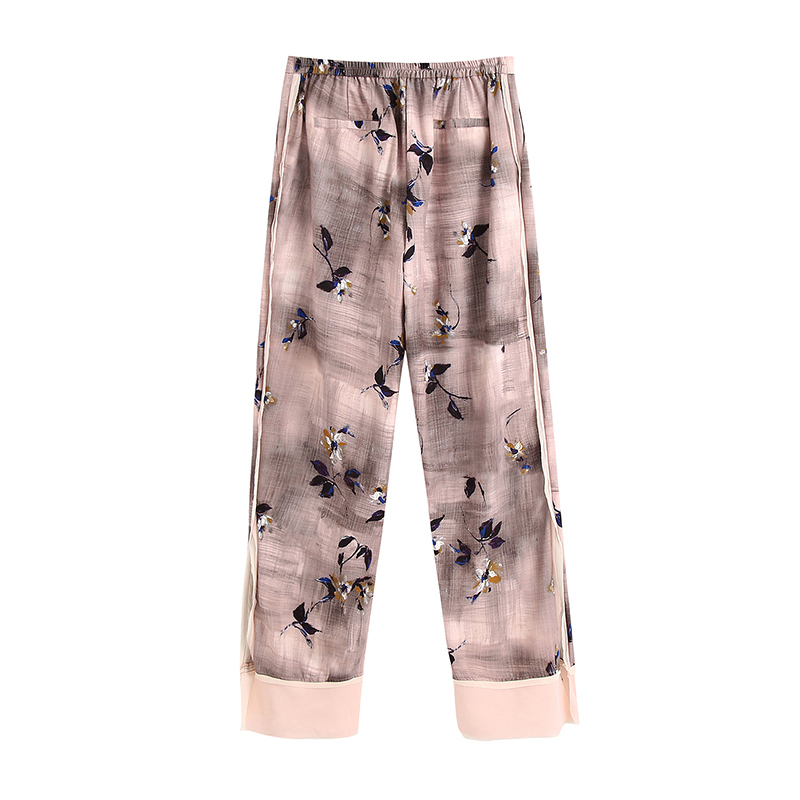 Floral Print Patchwork Pants Women Pockets Side Split Chic Long Trousers Lady Loose Wide Leg Bottoms Ropa Mujer 210515