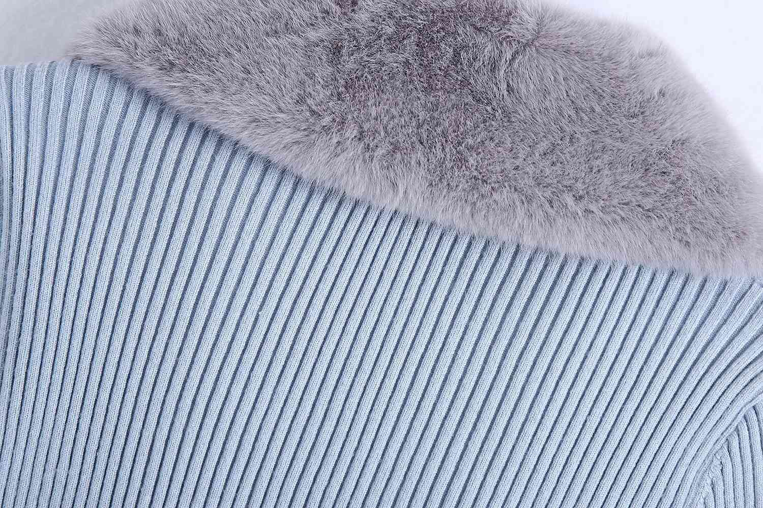 Vantage fur collar cardigan women crop sweater long sleeve thick korean casual bow blue knitted 210521