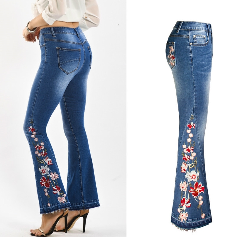 LOGAMI Embroidery Jeans Woman Skinny Flare Pants Denim Ladies Casual Plus Size 4XL 210708