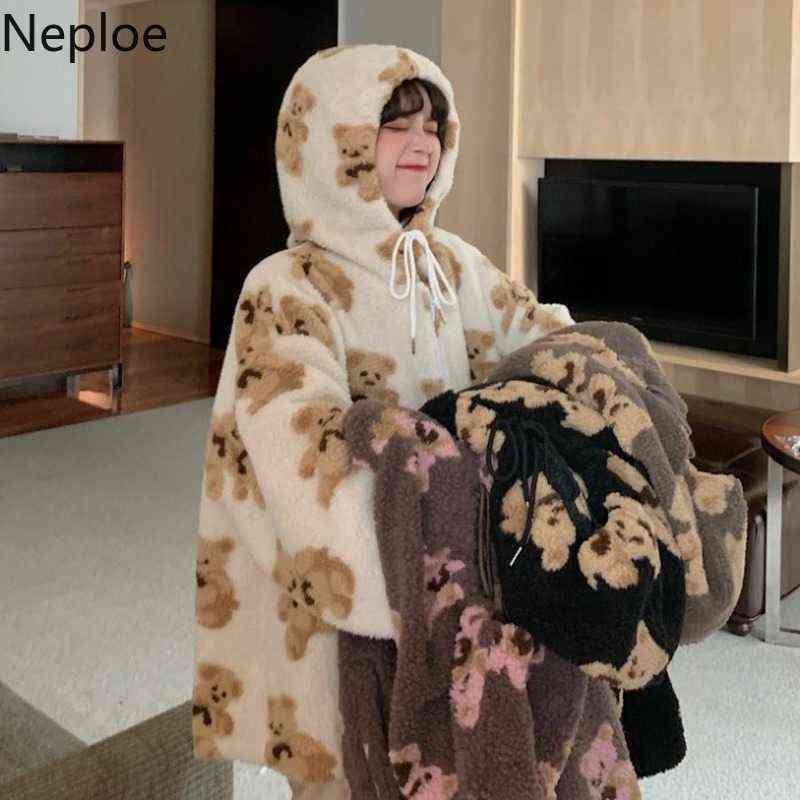 Neploe Cute Women Hoodie Winter Loose Hoodies Sweatshirts Streetwear Thick Lamb Wool Bear Coat Zipper Oversized Outwear 211109