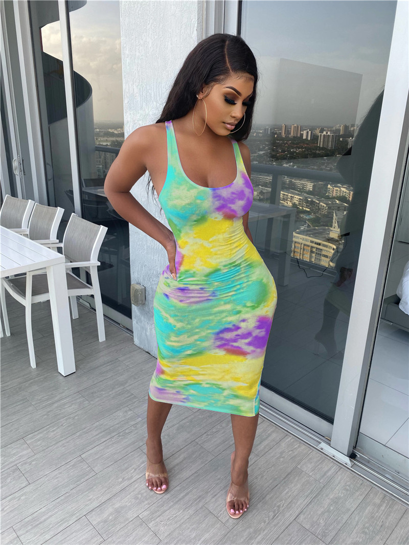 Women tie dyed Dresses Sleeveless Midi SKirts Bodycon dress Summer Clothing Plus size S-2XL colorful long skirt skinny packaged hip skirtss 4787
