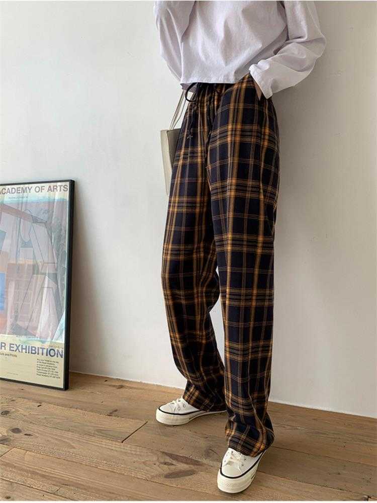 H.SA Women Spring Plaid Trousers Baggy Long Pants Lady Oversized Wide Leg Plaid Pant Casual High Waist Women Pantalon Femme 210716
