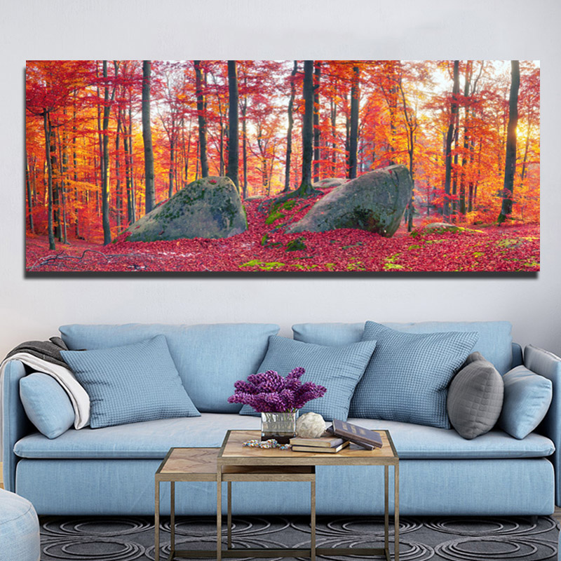 Modern Landscape Canvas Painting Autumn Maple Forest Sunrise For Living Room Decor Wall Pictures Paintings Poster and Prints Art