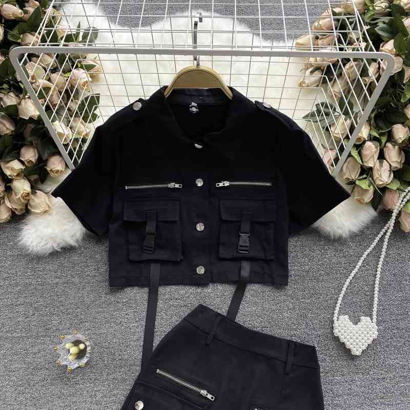 Fashion Jeans Suit Korean 2 Piece Set Women Double Pocket Top Bodycon Mini Skit Femme Roupas Summer Two Piece Set Female 210515