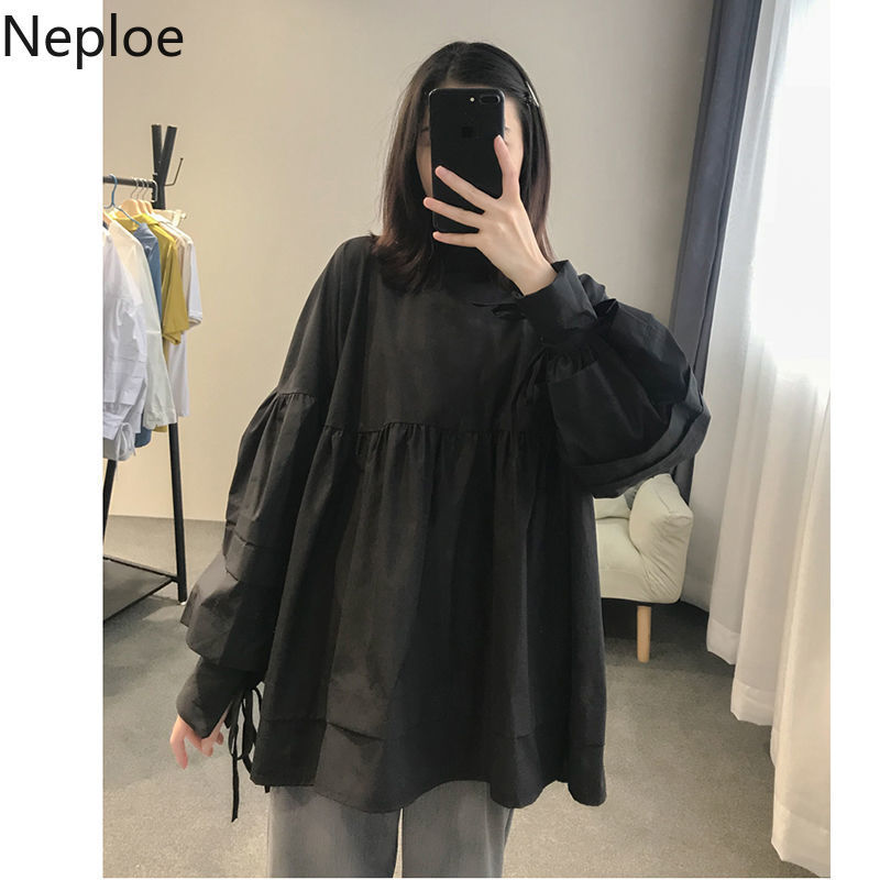 Neploe Sweet Stand Neck Shirts Women Spring Korean Blouse Lace-up Lantern Sleeve Plus Size Loose Blouses Fashion Tops Female 210422