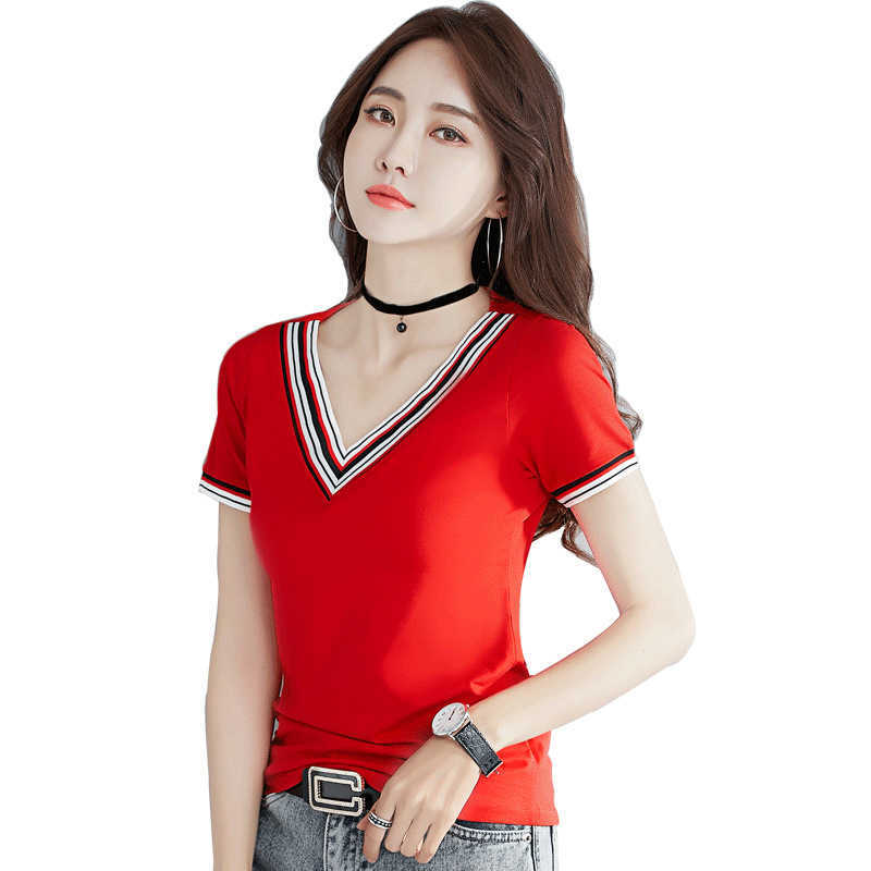 Shintimes Contrasting Colors V-Neck Striped Women T Shirt Summer T-Shirt Cotton Short Sleeve Camiseta Mujer Vetement Femme 210615, Black
Shintimes Contrasting Colors V-Neck Striped Women T Shirt Summer T-Shirt Cotton Short Sleeve Camiseta Mujer Vetement Femme 210615, Black