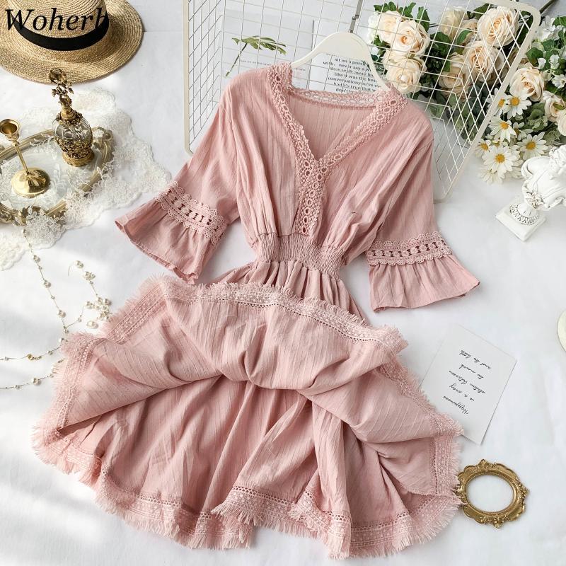 Woman Chic Dress Summer Vintage Hollow Out Tassel Dresses Elegant V-neck High Waist Short Sleeve Mini Boho Vestido 210519
