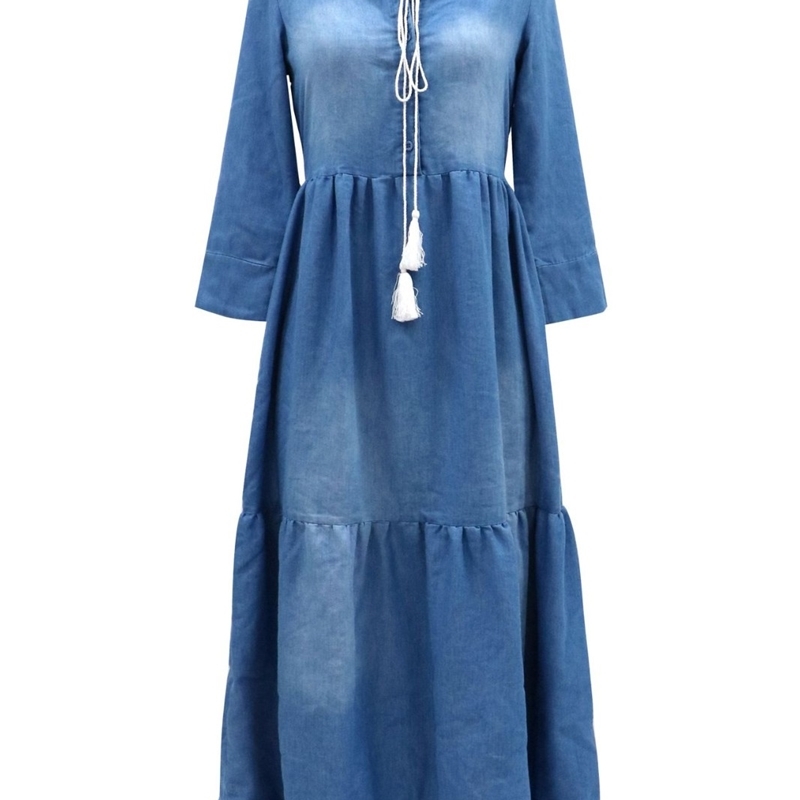 Women Dress Ruffles V-neck Vintage Denim Dresses Plus Size Loose Casual Long Suumer Blue Clothes 210524