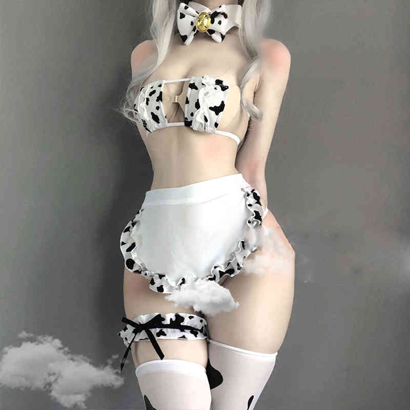 

Japanese Anime Milk Cow Maid Lingerie Set Cosplay Costume Bikini Anime Roleplay Swimwear Lolita Bra and Panty Set Slutty 10Pcs, White