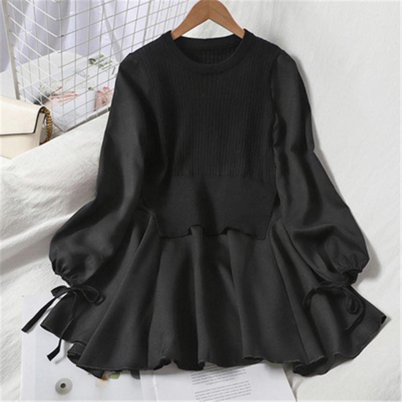 Spring 2021 Fake Two Knitwear Dress Women Korean Patchwork Ruffles Knitted Vestidos O-neck Slim Fit Sweet Pleated Dresses Casual