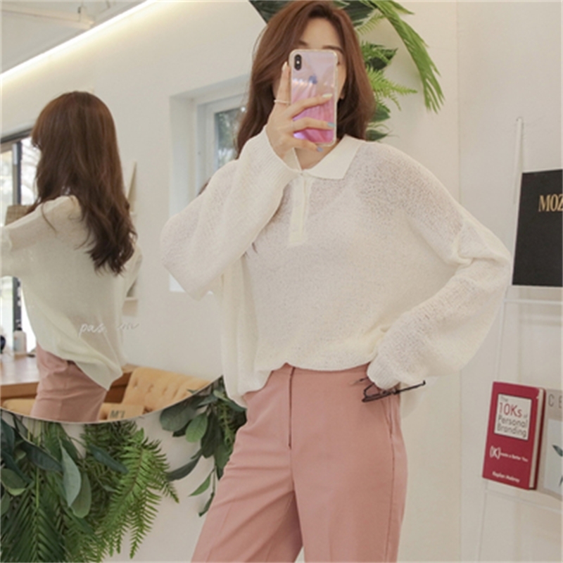 Korean Fashion Loose Knitted T Shirts Tees Women Long Sleeve Turn-down Collar See Though Solid Casual Tops T-shirts Femme 210518, Apricot
Korean Fashion Loose Knitted T Shirts Tees Women Long Sleeve Turn-down Collar See Though Solid Casual Tops T-shirts Femme 210518, Apricot