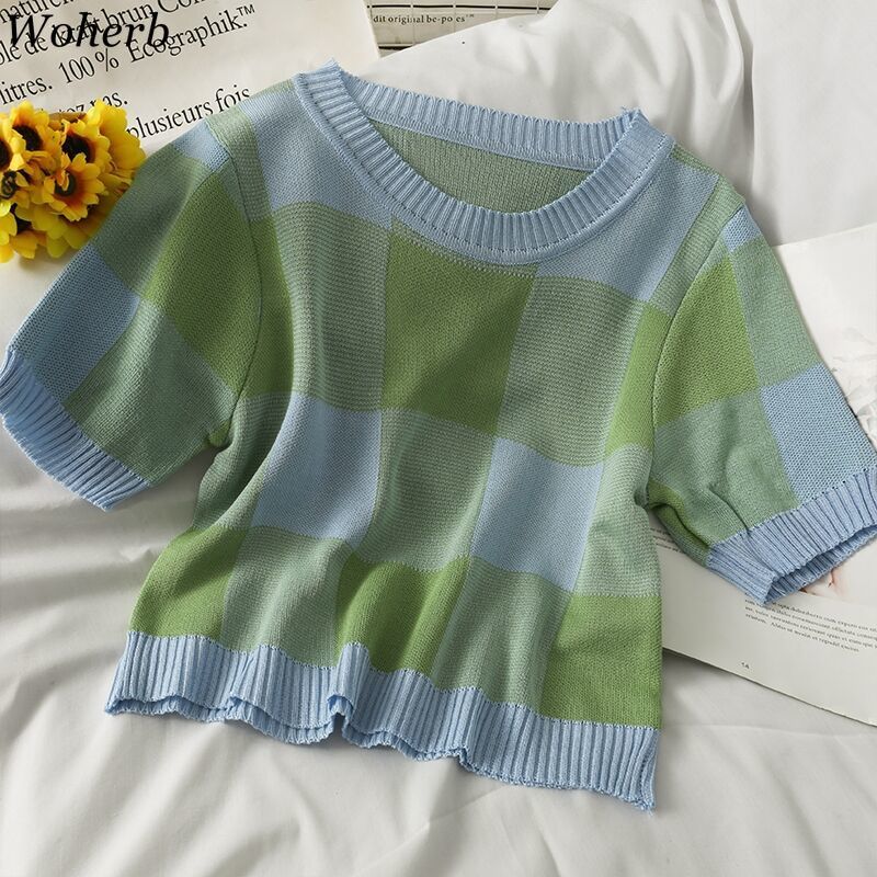 Contrast Color Plaid T-shirt Women Summer Thin Knitted Tops Korean Fashion Crop Top Knitwear Chic Streetwear 210519