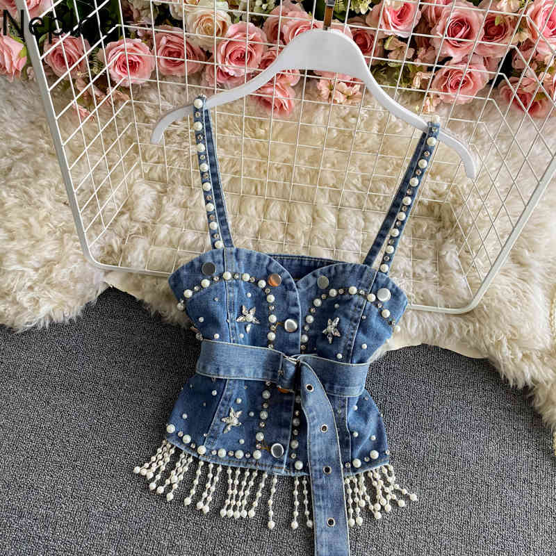 Neploe Ropa De Mujer Spring Korean Mid-length Tops Beading Vest Denim Camisole Puff Sleeve Shirt Two-piece Women's Clothing 210422