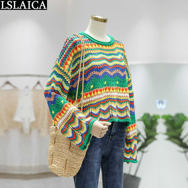 Sweater Women Long Sleeve Colorful Stripes Stitching O-Neck Casual Sweaters For Knit Fashion Autumn Winter Loose 211018