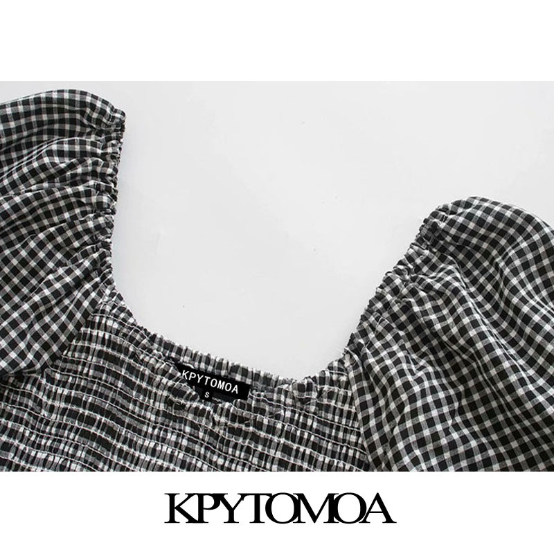 Women Sweet Fashion Ruffled Elastic Smocked Plaid Midi Dress Short Sleeves Waist Female Dresses 210420