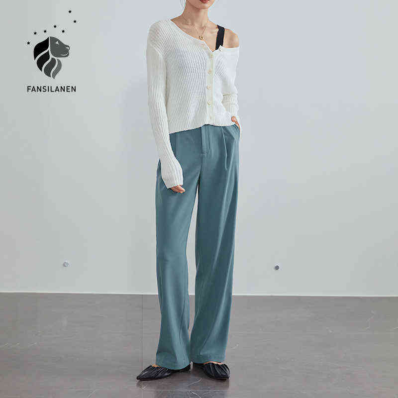 FANSILANEN Office Lady Mopping Pants Women Summer Straight Loose Casual Suit High Waist Drape Wide Leg Trousers 211115