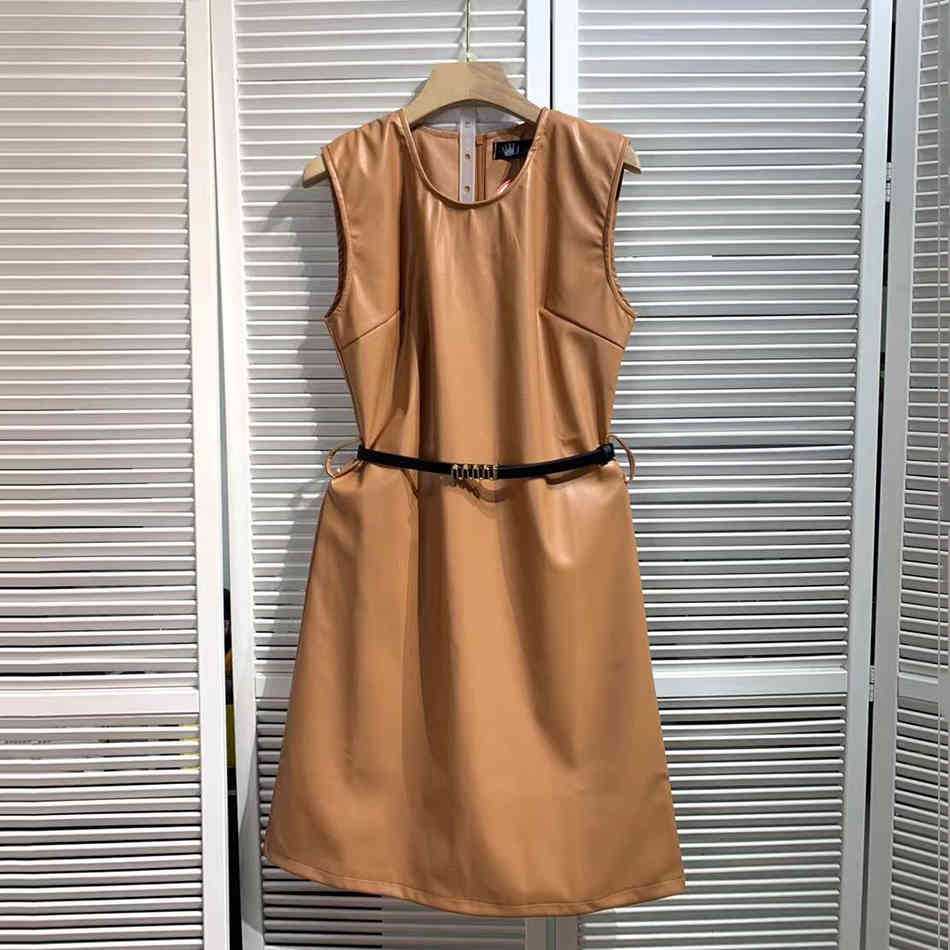 Free Summer Women's Black Pu Dress Sexy O Neck Sleeveless Belt A Line Celebrity Elegant Party Vestidos 210524