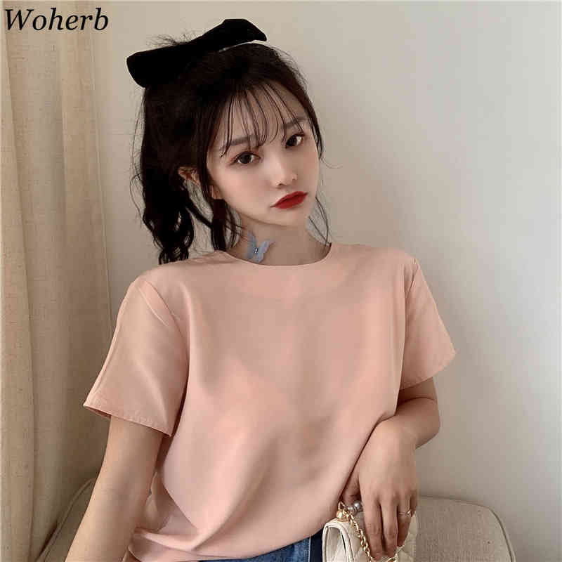 T Shirt Women Spring Summer Bow Patch Korean Fashion Solid Short Sleeve Pink T-shirts Sweet Tops Ropa Mujer 210519