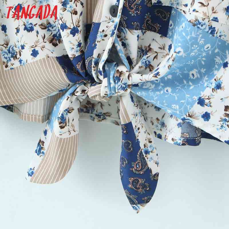 Women Vintage Flowers Print Bow Crop Chiffon Long Sleeve Chic Female Casual Loose Shirt QW63 210416