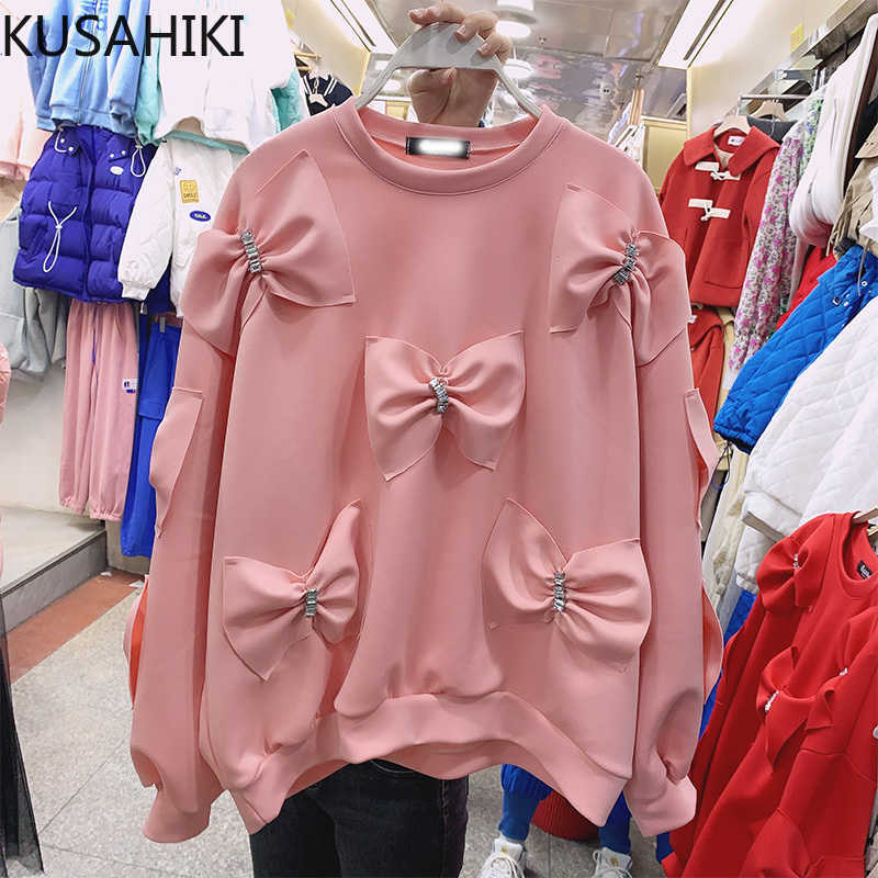 Diamonds Bowknot Pullover Sweatshirt Causal Long Sleeve O-neck Hoodies Korean Sweet Women Top Jumpers 6E490 210603