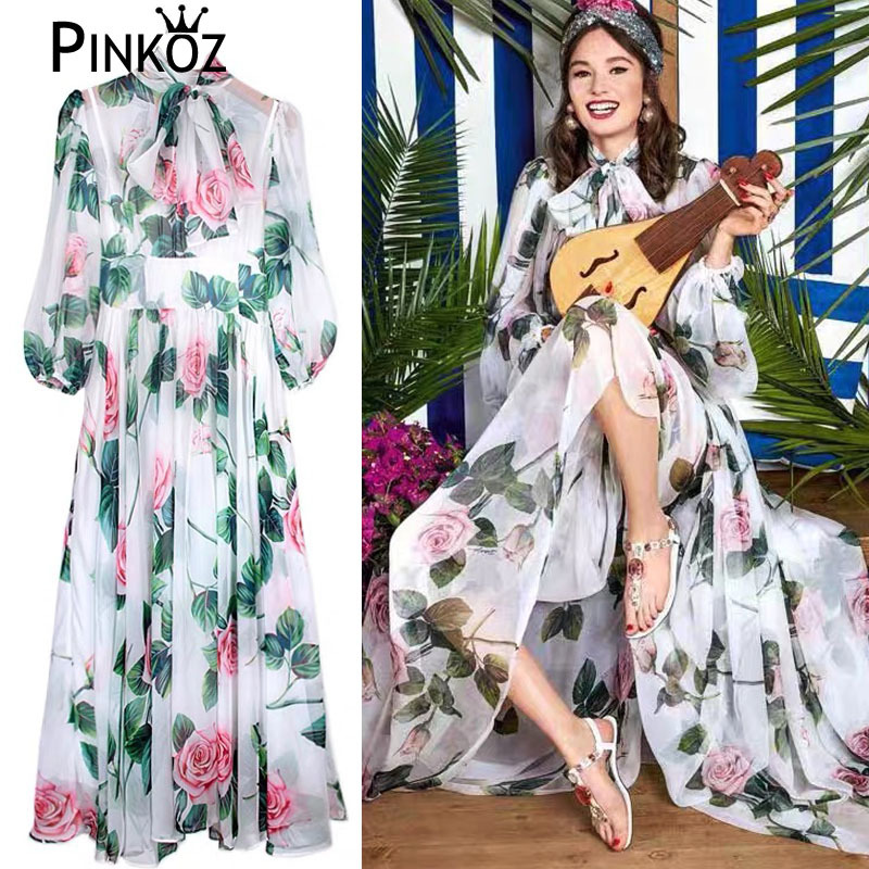 Spring Summer Runway Vintage Rose Flower Print Party White Dresses Women's Elegant Bow Collar DinnerBoho Beach Midi Dress 210421