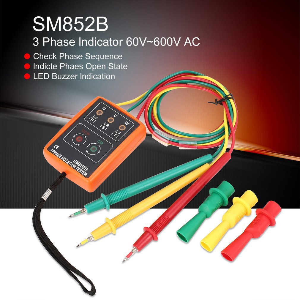 SM852B 3 Phase Rotation Tester Digital Phase Indicator Led Buzzer Fasevolgorde Meter Voltage Tester 60V ~600V Ac