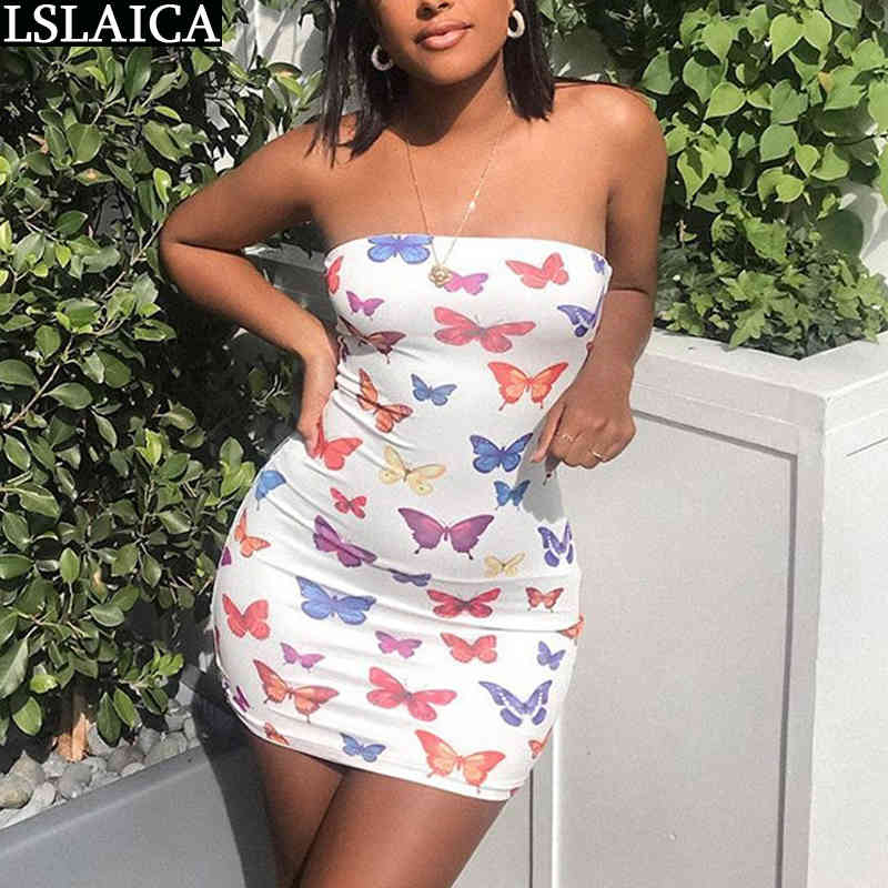 Summer Dress For Women Strapless Sexy Fashion Butterfly High Waist Hollow Out Mini Party Clubwear Bodycon 210515