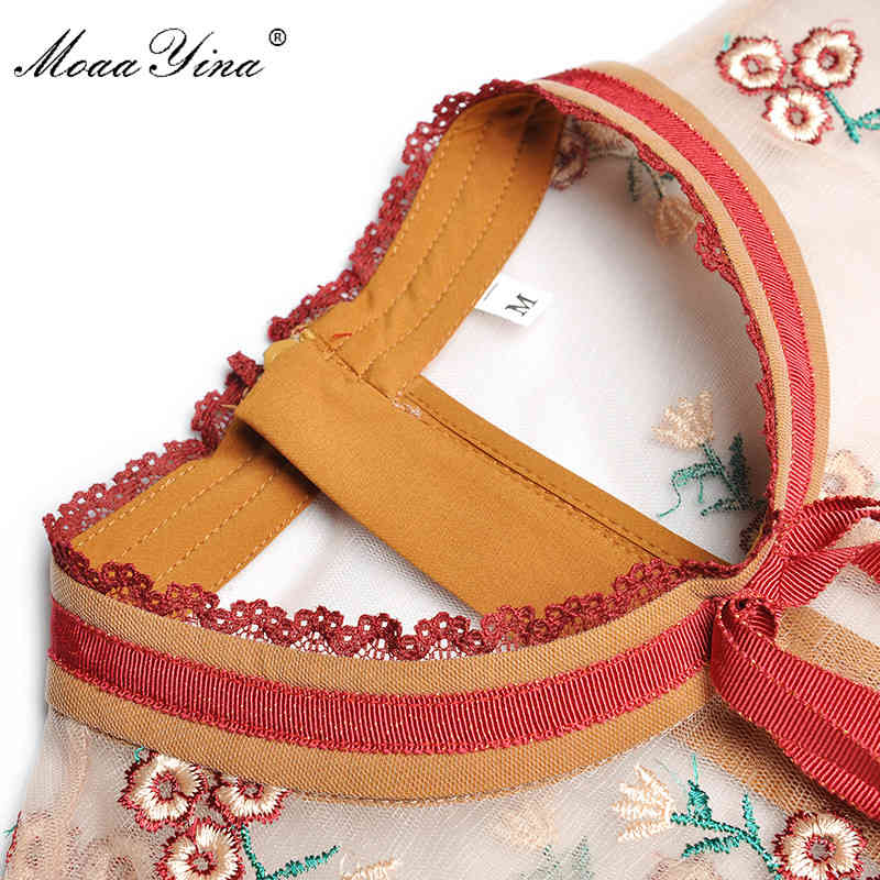 Fashion Runway dress Summer Women's Dress Puff Sleeve Mesh Embroidery Vintage Midi Dresses 210524