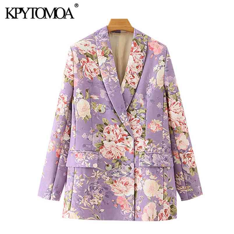 Women Fashion Double Breasted Floral Print Blazer Coat Long Sleeve Pockets Female Outerwear Chic Tops 210420