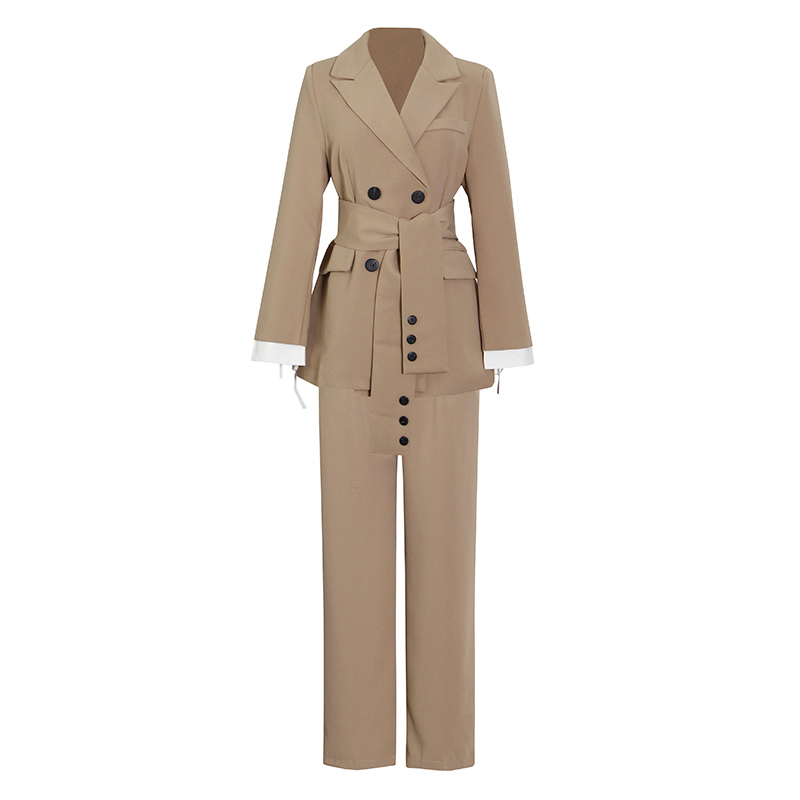 VGH Black Korean Two Piece Set For Women Notched Long Sleeve Sashes Blazer High Waist Wide Leg Pants Casual Sets Female Fashion 210421