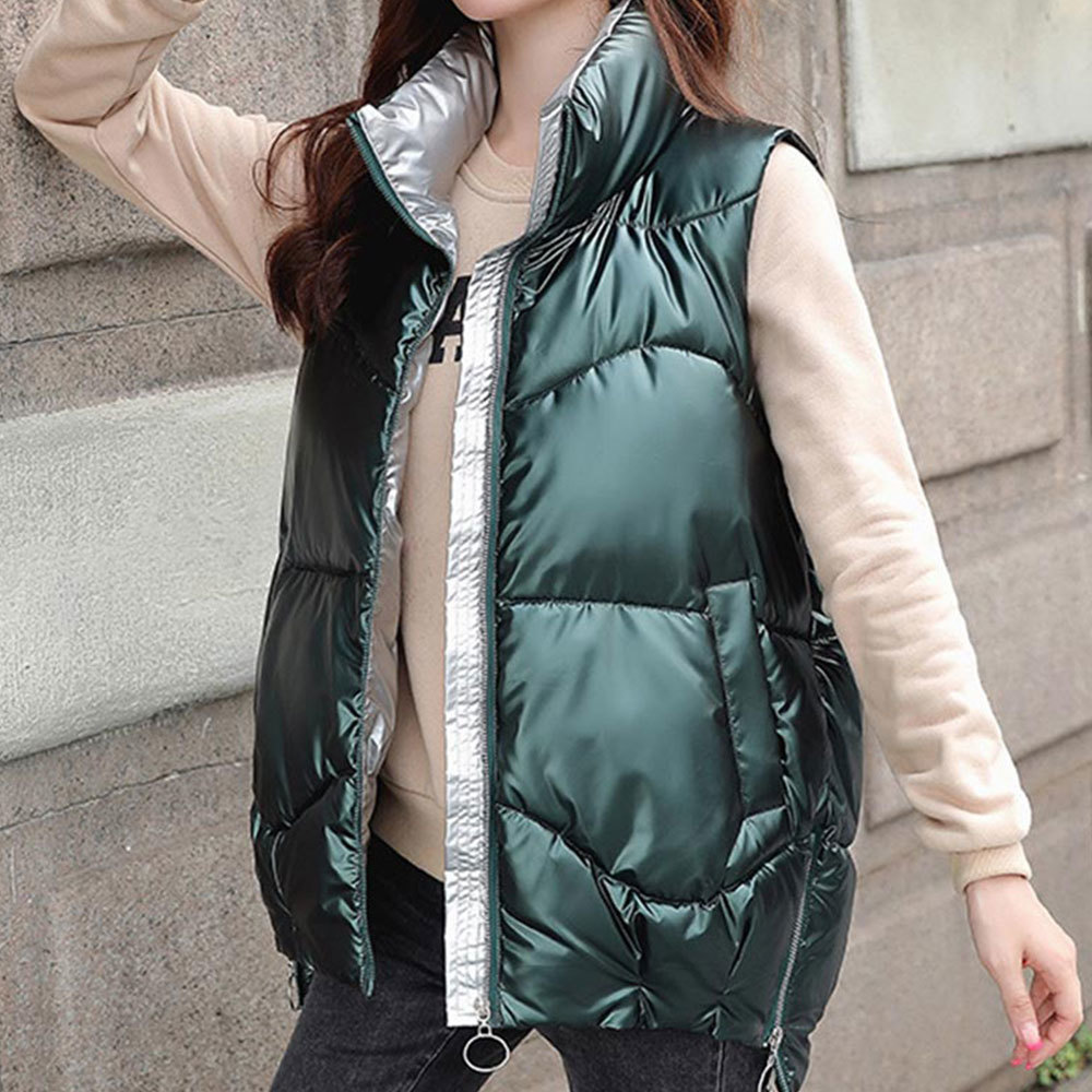 Winter Plus Size Waistcoat Korean Stand Collar Shiny Sleeveless Vests Casual Down Coat Cotton Padded Thick Outwear 210428