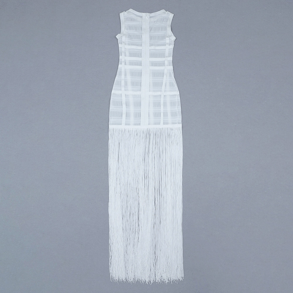 High Quality White Sleeveless Tassel Hollow Out Bodycon Rayon Bandage Dress Evening Party Sexy Dress 210331