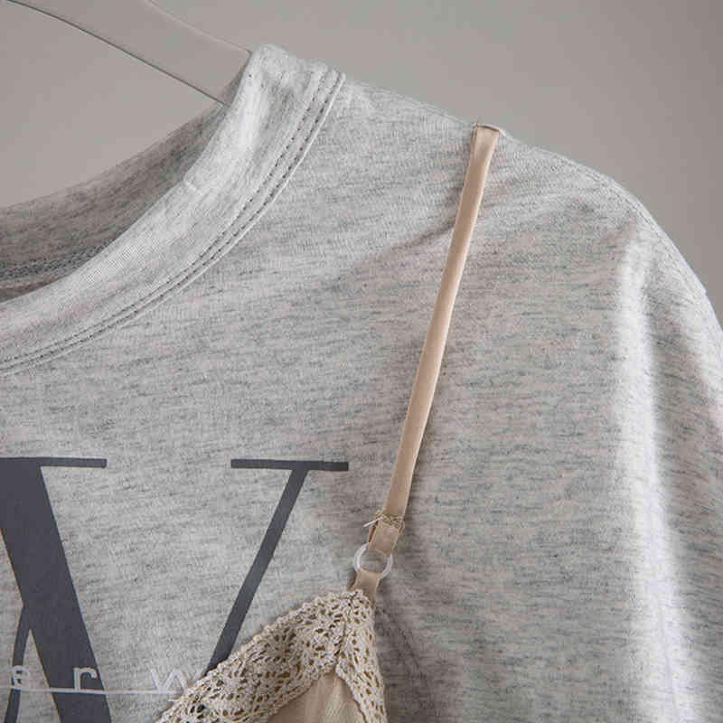 VGH Elegant Patchwork T Shirt Women O Neck Short Sleeve Asymmetrical Hit Color Print Lace Up Irregular Hem T-shirts Female 210406