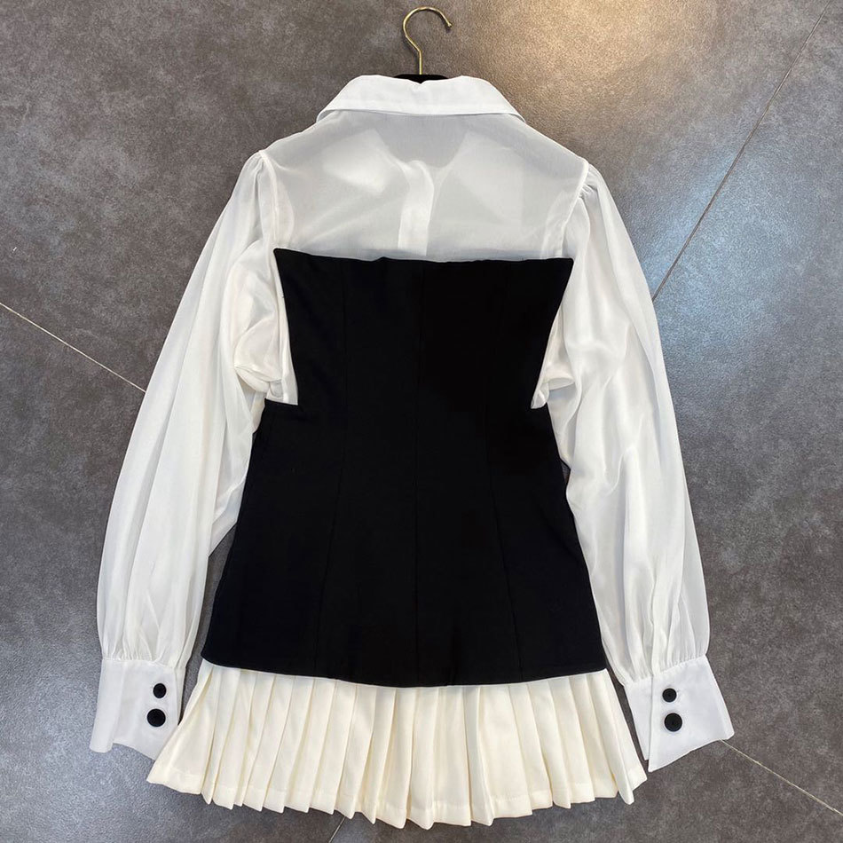 Free Fashion Women Bodycon Dress Lapel Lantern Sleeve Black and White Stitching Draped Sexy Party 210524