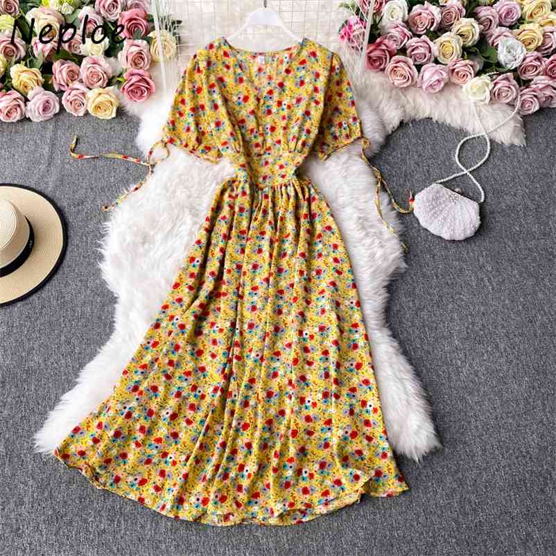 Sexy V-neck Lace Up Femme Vestidos Summer Flower Print A-line Dresses Women Fashion High Waist Big Swing Dress 210422Z