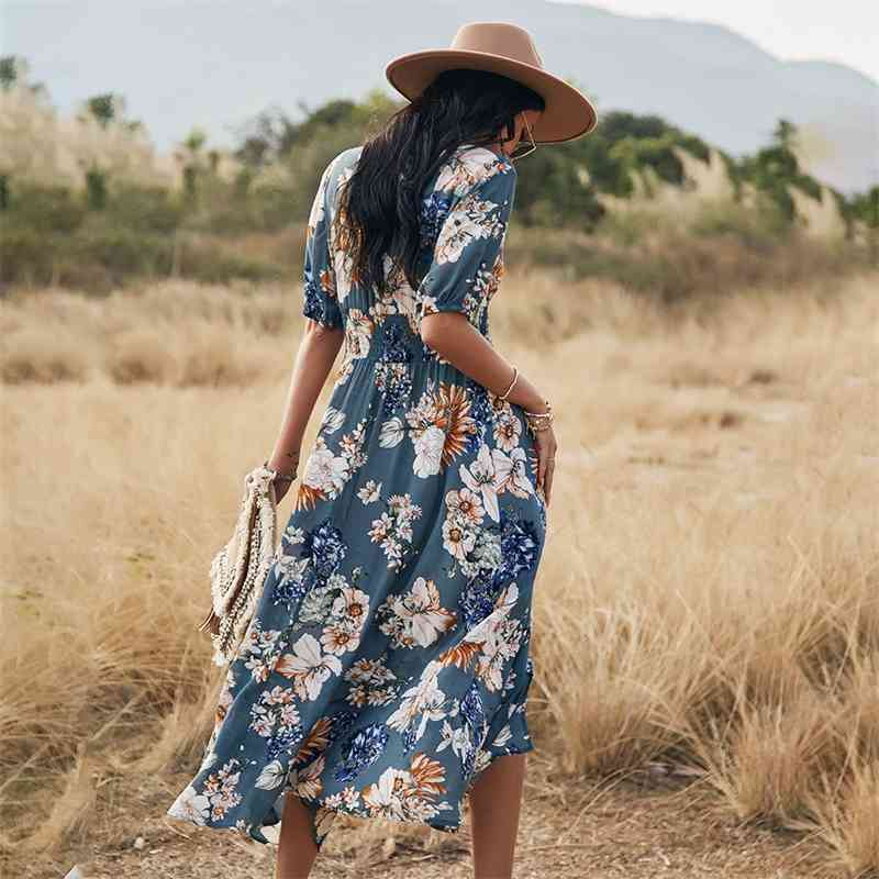 Short Sleeve Maxi Split Dress Summer Beach Boho Print Sexy V-Neck Floral Long Dresses Women Casual Loose Party Elegant Robe 210630