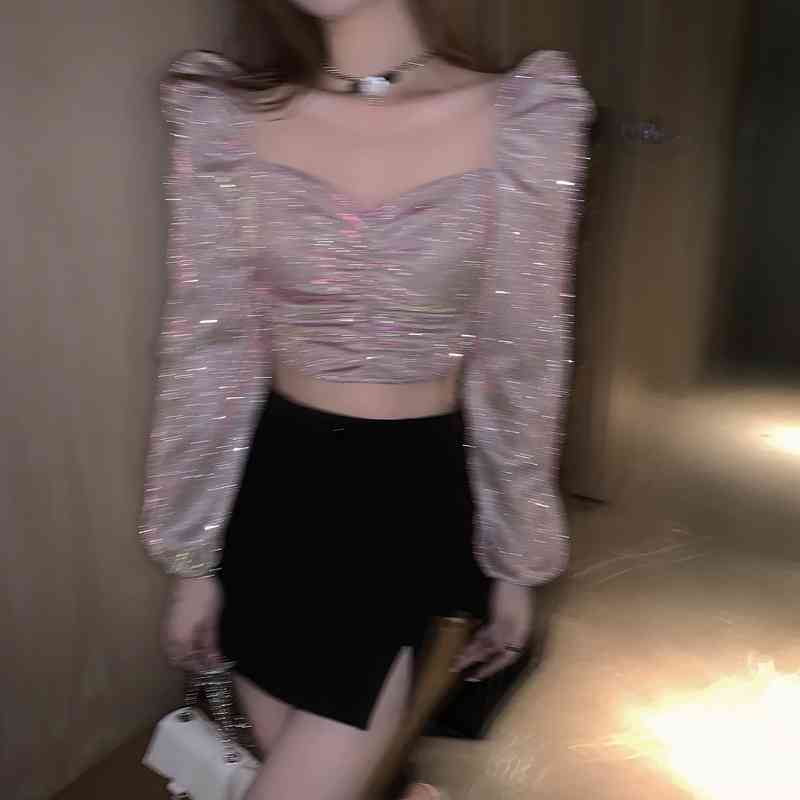 Sexy Party Solid Blusas Korean Pleated Shiny Puff Sleeve Vintage Spring Summer Ropa Mujer Slim Ins Women Blouses 210415
