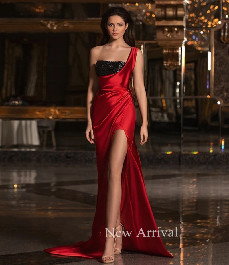 Modern Black And Emerald Green Evening Dresses One Spaghettti Satin Sweetheart Side Split Sequin Long Prom Party Gowns 2022 robe de soriee