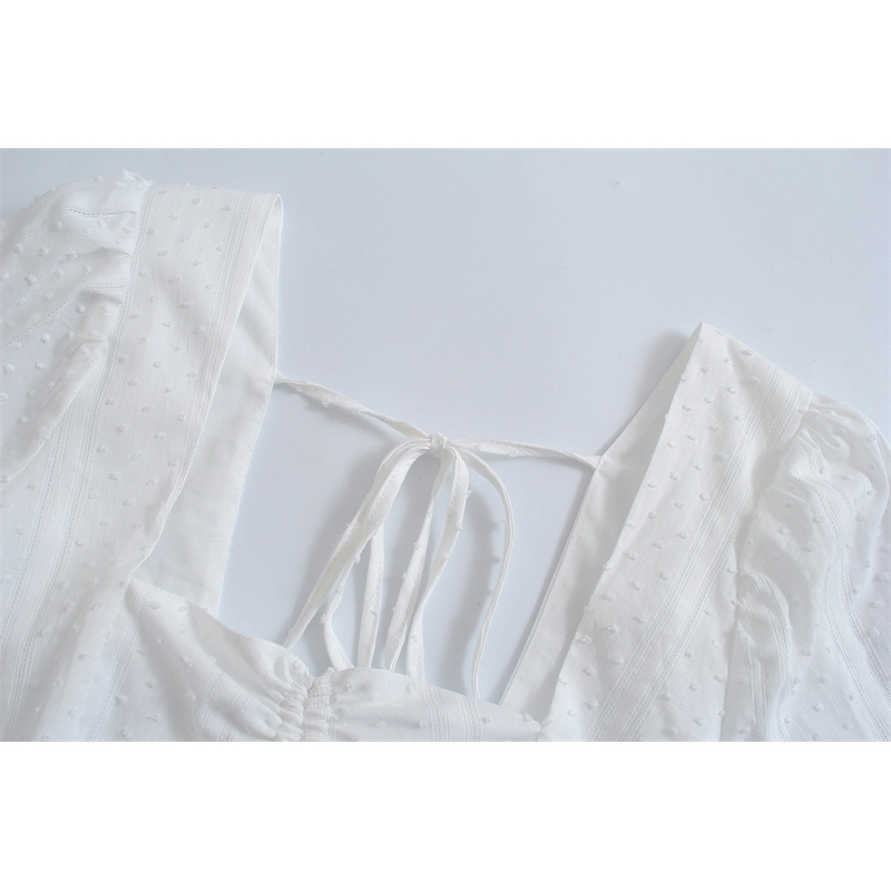 White Puff Sleeve Hollow Out French Mini Dress Summer Women's Square Neck Open Back Drawstring Cotton Vestido 210514