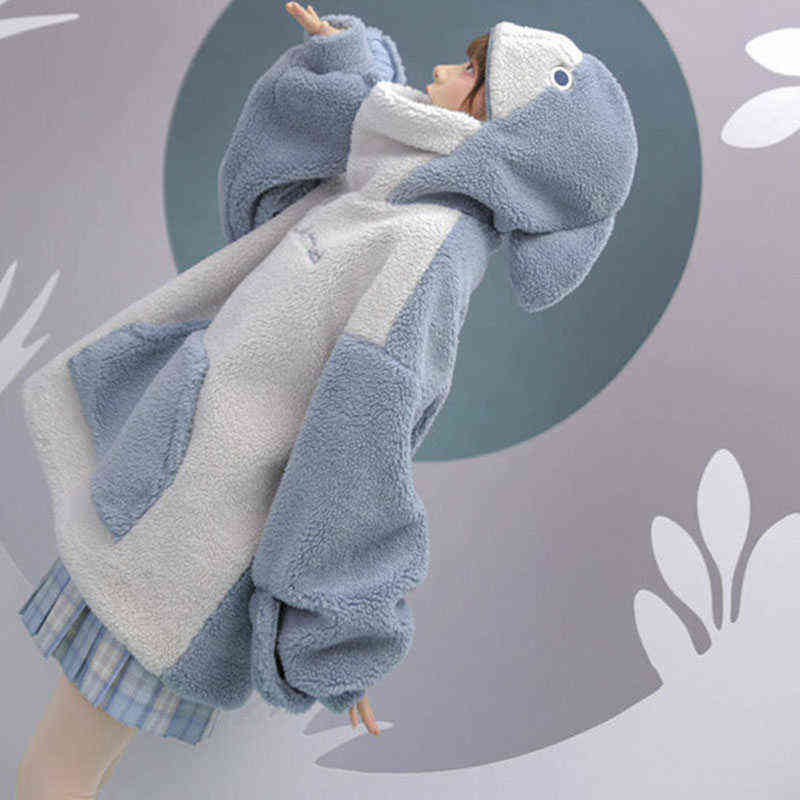 Harajuku Aesthetic Shark Anime Hoodie Woman Korean Kawaii Crewneck Long Sleeve Oversized Streetwear Kpop Fall Winter Clothes Top 211109