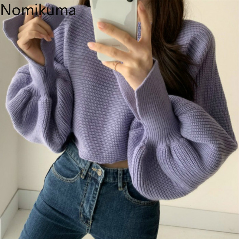 Nomikuma Slash Neck Short High Waist Pullover Sweater Korean Split Batwing Long Sleeve Knitwear Autumn Winter Pull Femme 6C856 210427