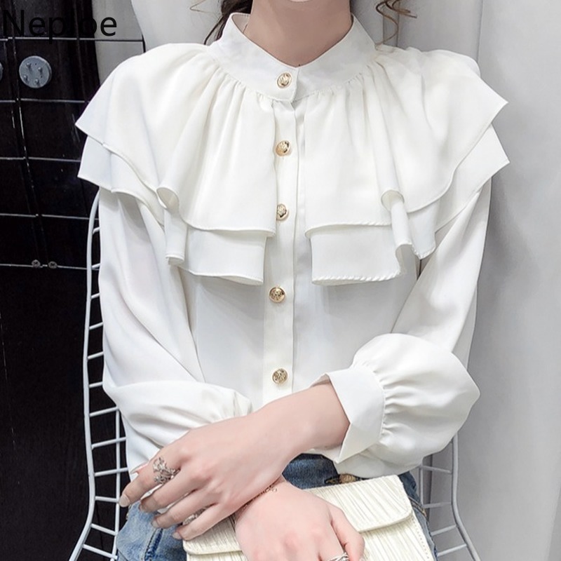 Neploe Korean Blouses Women Fashion Stand Neck Ruffles Shirt Tops Temperament Single-breasted Blouse Office Lady Blusas Mujer 210422