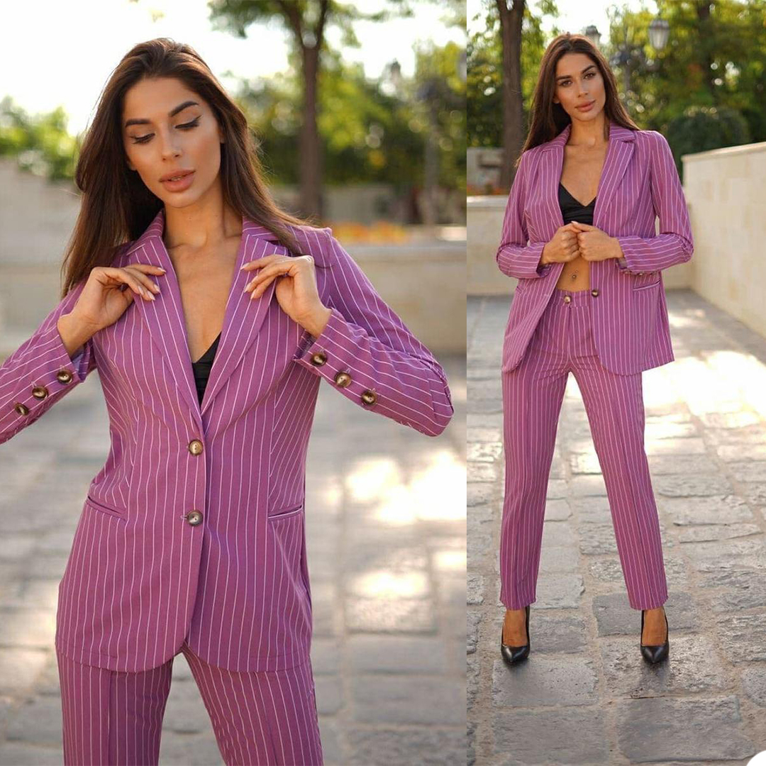 Purple Pinstripe Blazer Suits Women 2 Pieces Slim Fit Two Button Evening Party Prom Office Lady Outfit Tuxedos (Jacket+Pants)