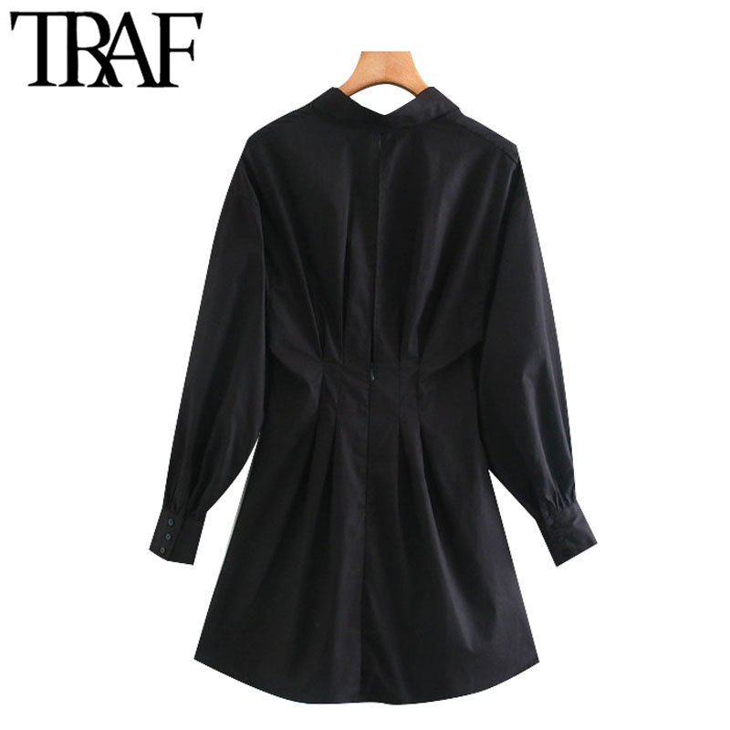 TRAF Women Chic Fashion With Drawstring Tied Pleated Mini Dress Vintage Long Sleeve Back Zipper Female Dresses Mujer 210409