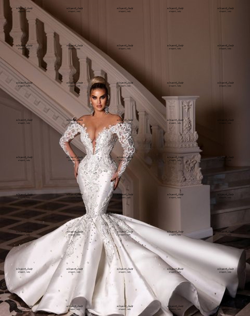 Off Shoulder Long Sleeve Wedding Dresses 2022 robe de mariage princesse luxe Mermaid Fishtail Floral Lace Backless Bridal Gown
