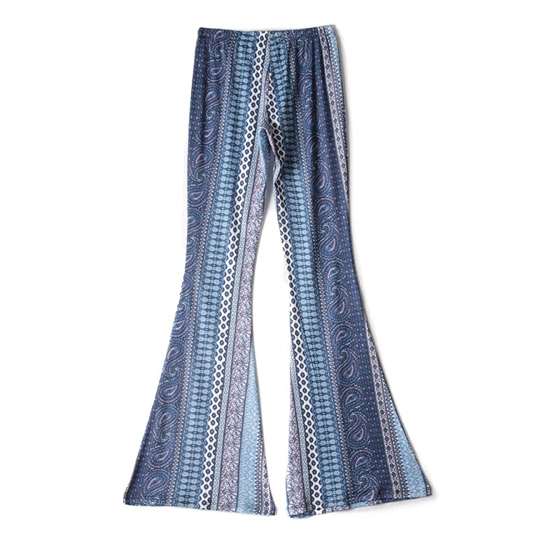 Low waist Ethnic Geometric Print Flare Pants Women Bohemian Tribal African Hippie Bell Leggings Bottom Long Trousers 210429