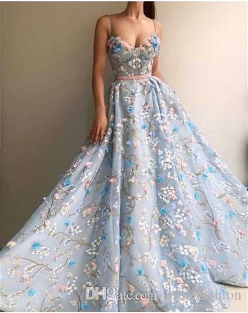 Light Blue Elegant Evening Dresses Hand Made Flower Beads Summer A Line Prom Dress Sweety Girl Gown With Sash Robes De Soirée