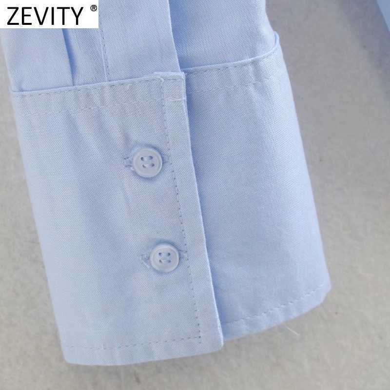 Zevity Women Simply Turn Down Collar Blue Shirts Office Lady Long Sleeve Business Blouse Roupas Chic Chemise Tops LS9373 210603